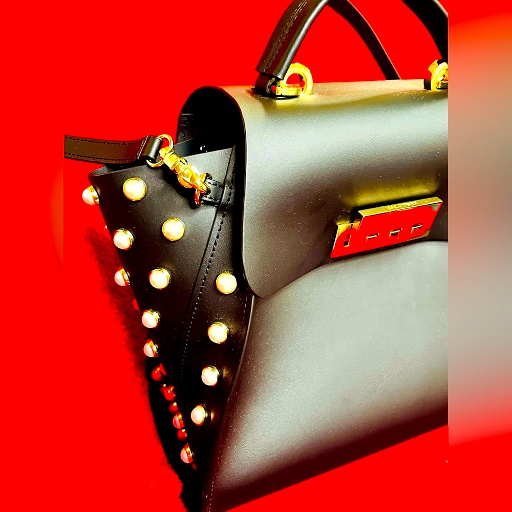 Zac Posen Black and Gold Structured Satchel with Pearl Accents & Dust Bag